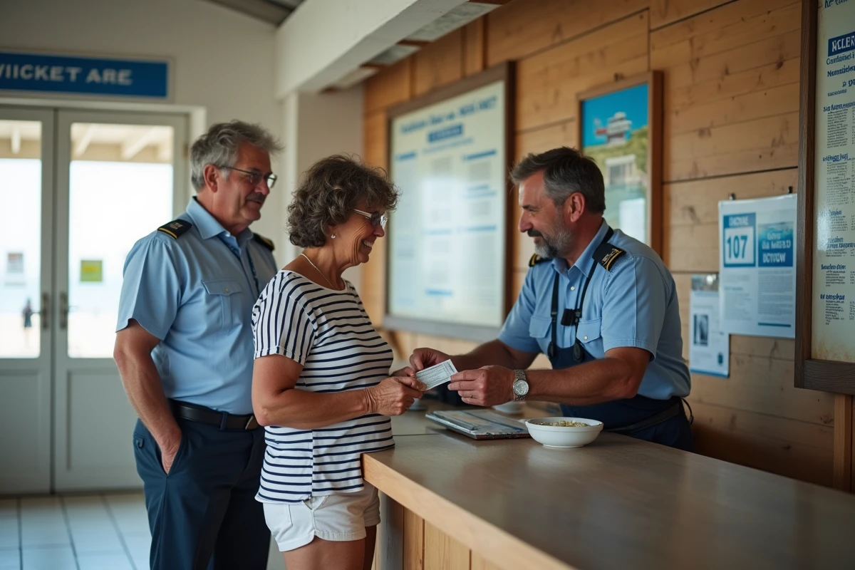Couple achetant des billets pour la navette vers Porquerolles au guichet du terminal portuaire avec tableau des horaires affiché