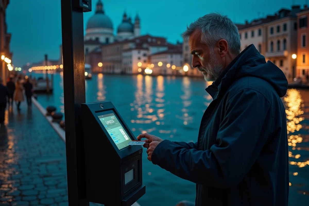 Homme achetant un ticket de vaporetto à une borne Venezia Unica la nuit à Venise