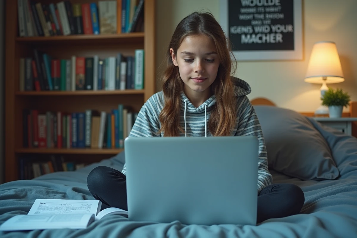 Adolescente révisant l'orthographe française sur son ordinateur portable avec une fiche de grammaire imprimée