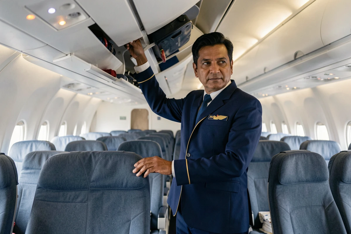 Agent de bord Air India en uniforme dans l'allée d'un avion en service, illustrant la qualité du service à bord pour un classement compagnies aériennes