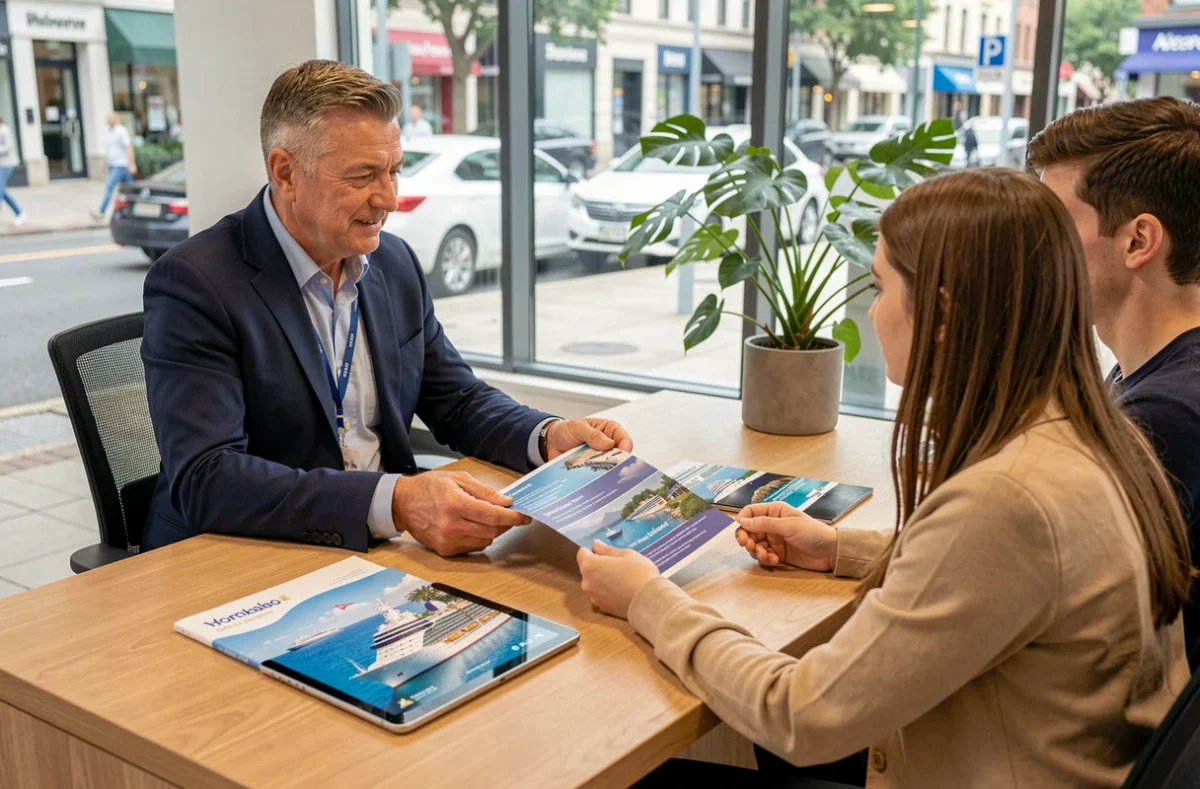 Agent de voyage présentant des brochures de croisière à un couple dans une agence moderne