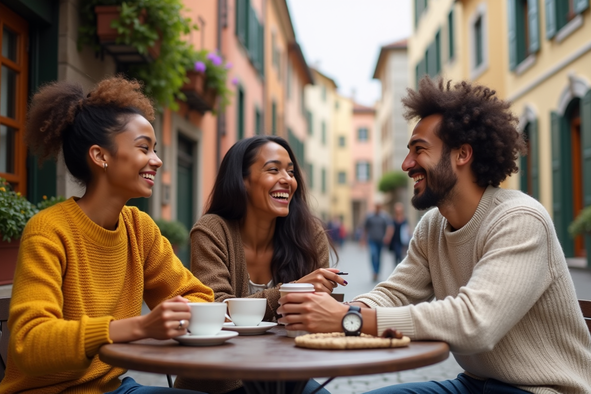 Groupe d'amis riant au café en Europe