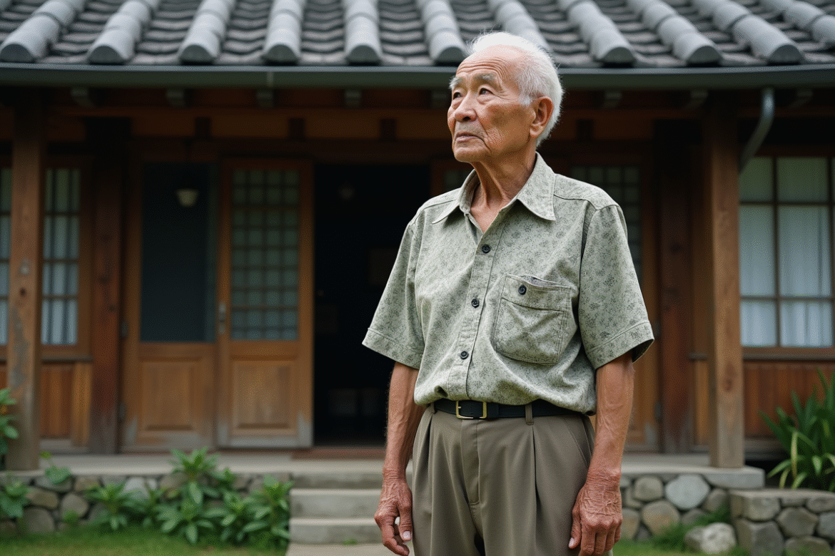 Homme Okinawan âgé en tenue traditionnelle devant sa maison