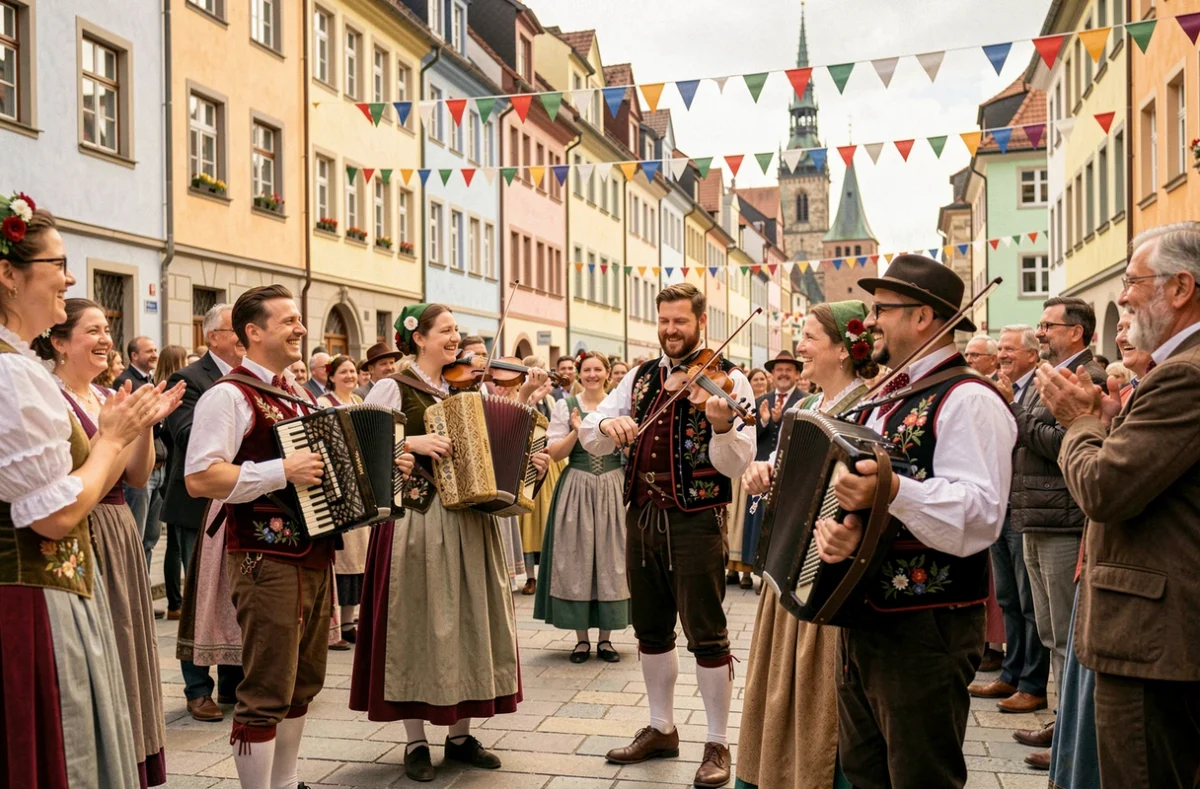 Musiciens folkloriques en costumes alsaciens jouant de l'accordéon lors d'une fête de rue à Strasbourg
