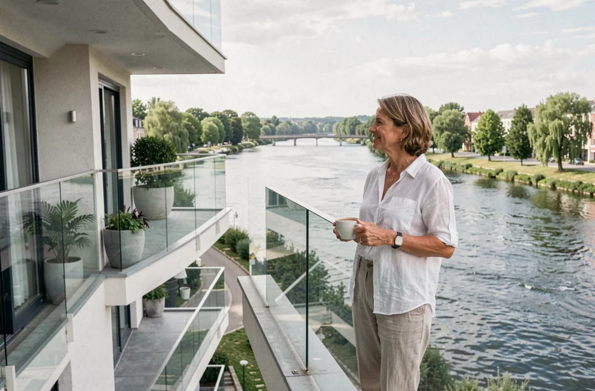 Femme profitant d'un balcon avec vue sur la Marne à l'Appart'Hôtel Vacancéole de Nogent-sur-Marne