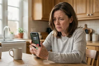Femme regardant son téléphone avec un appel entrant depuis l'indicatif +49 Allemagne, air perplexe à la maison