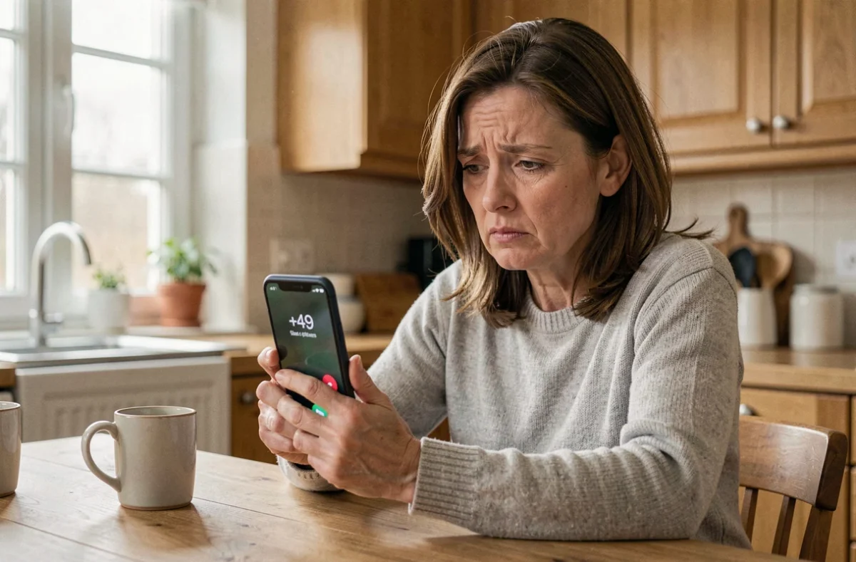 Femme regardant son téléphone avec un appel entrant depuis l'indicatif +49 Allemagne, air perplexe à la maison