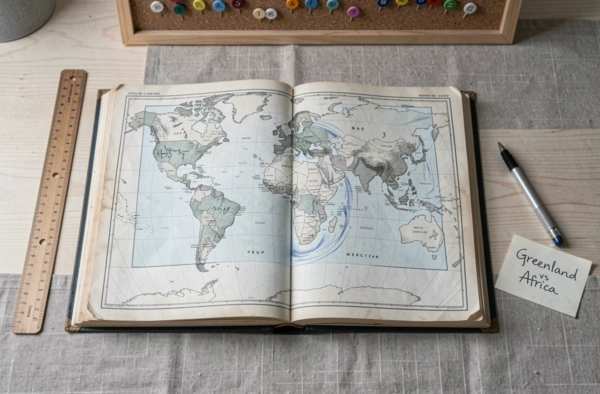 Vue de dessus d'un atlas vintage Mercator avec superposition transparente montrant la vraie taille du Groenland comparée à l'Afrique