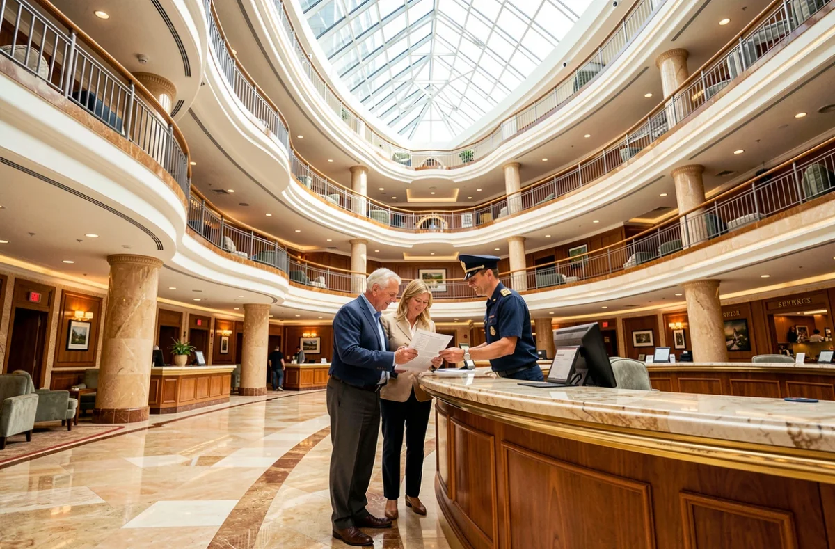 Groupe de passagers discutant avec un membre de l'équipage dans l'atrium luxueux d'un paquebot de croisière