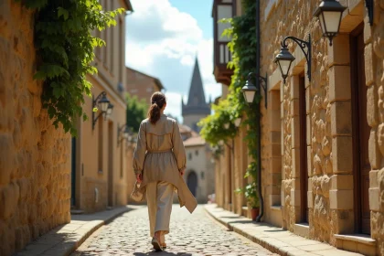 Femme se promenant dans les ruelles pavées de la vieille ville du Mans avec les remparts romains en arrière-plan