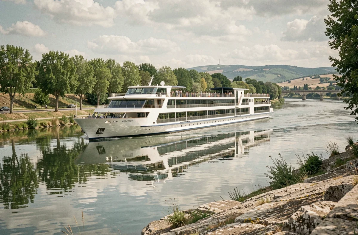 Bateau de croisière fluviale naviguant sur le Rhône près d'Avignon en Provence
