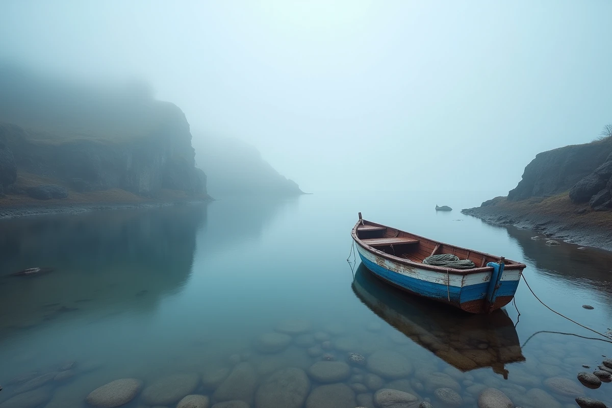 Vieux bateau de pêche breton ancré dans une crique brumeuse sous la pointe de Kadoran en Finistère