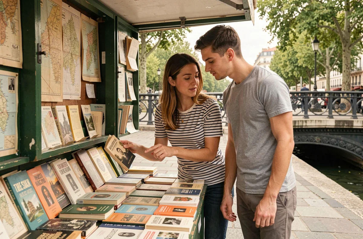 Couple de jeunes touristes explorant les boîtes d'un bouquiniste sur les quais de la Seine à Paris
