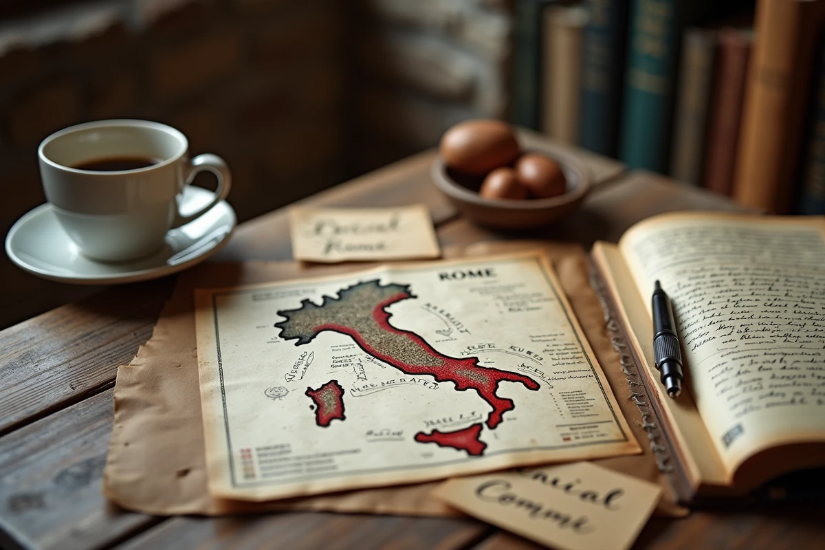 Bureau avec cartes quiz manuscrites, stylo vintage et carte de l'Italie avec Rome entourée pour illustrer un article de culture générale