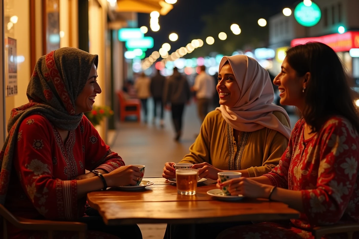 Femmes marocaines en kaftan autour d'un thé à la menthe dans un café en terrasse à Tanger la nuit