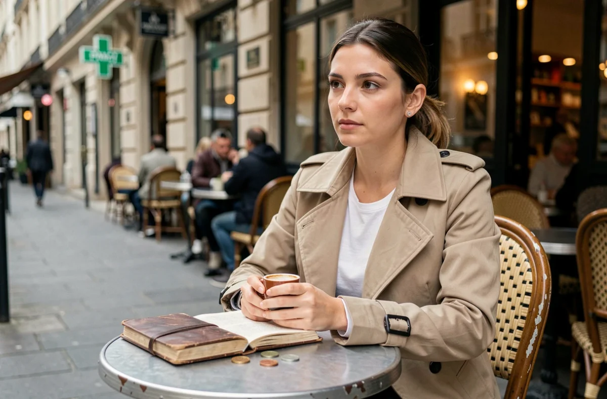 Femme savourant un café espresso en terrasse parisienne avec un carnet de voyage et quelques pièces de monnaie