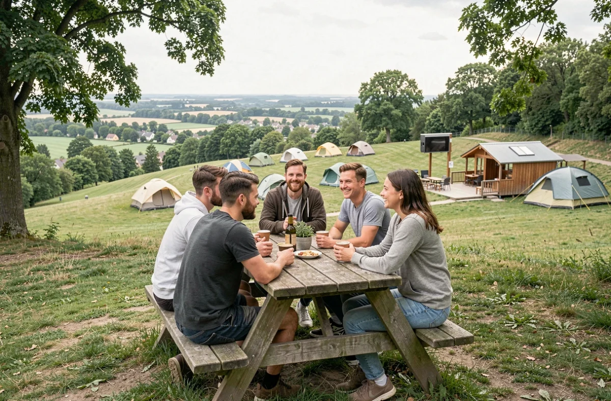 Groupe d'amis attablés en terrasse avec vue sur la colline au Camping de la Colline à Torcy