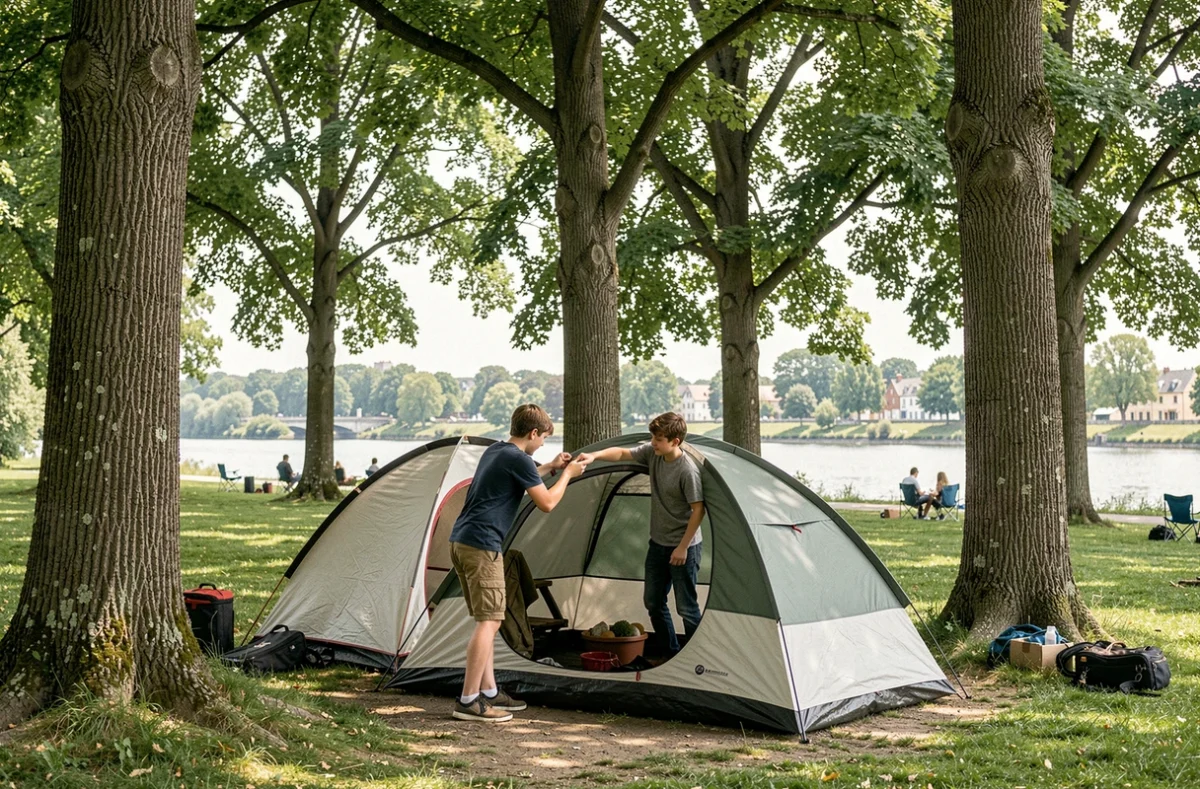 Famille installant leur tente sous de grands arbres au Camping International de Maisons-Laffitte