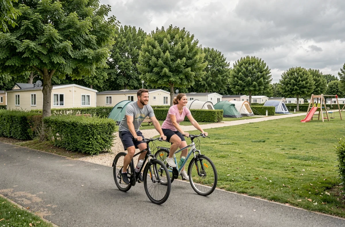 Couple faisant du vélo dans les allées verdoyantes du Camping Le Parc de Paris à Varreddes