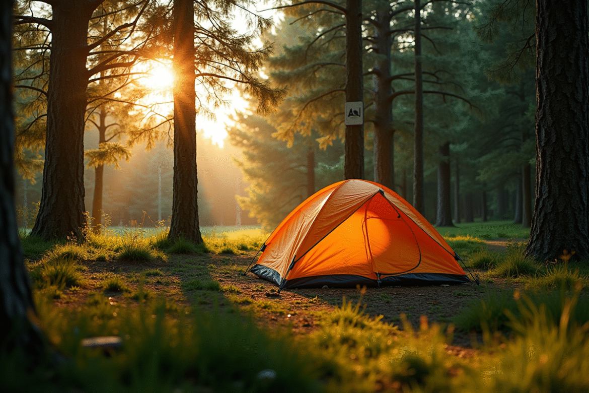 Tente isolée en forêt au coucher du soleil en France