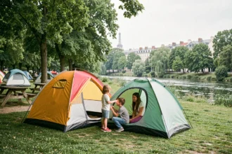 Famille installant une tente dans un camping verdoyant du Val-de-Marne, avec une rivière et des arbres en arrière-plan