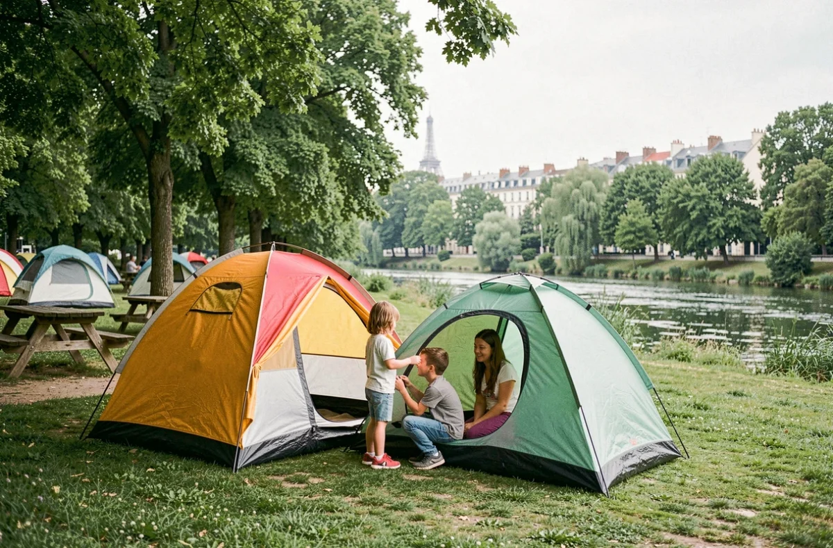 Famille installant une tente dans un camping verdoyant du Val-de-Marne, avec une rivière et des arbres en arrière-plan