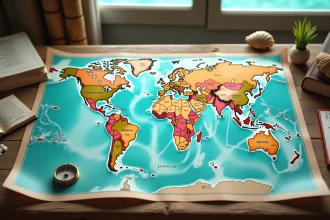 Carte des Maldives imprimée sur une table en bois avec zones touristiques et réserves marines protégées annotées pour 2026
