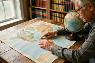 Homme comparant une carte du monde Mercator avec un globe terrestre sur une table en bois pour illustrer la distorsion du Groenland