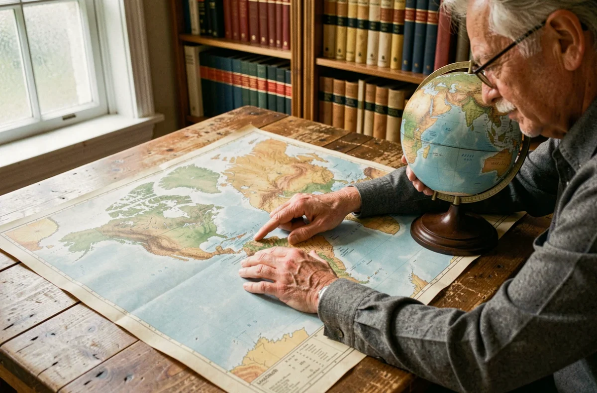 Homme comparant une carte du monde Mercator avec un globe terrestre sur une table en bois pour illustrer la distorsion du Groenland
