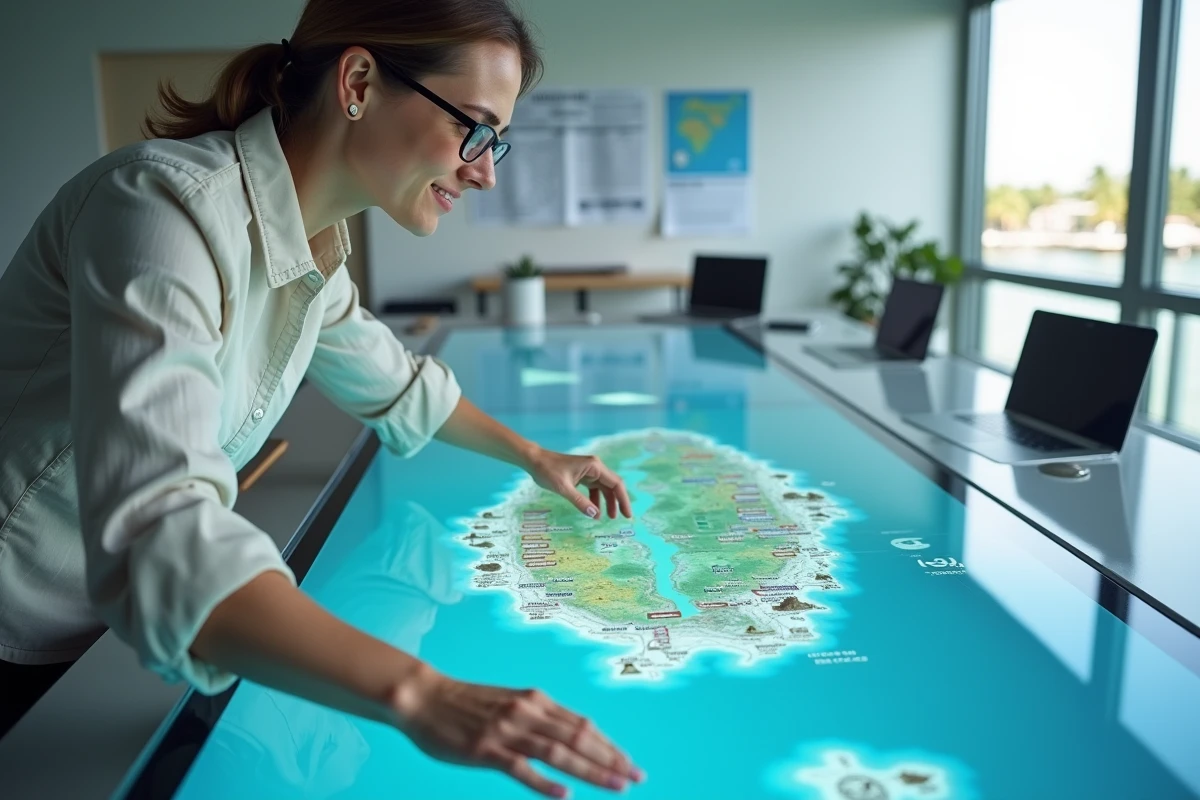 Cartographe étudiant une carte interactive des Maldives avec nouvelles zones touristiques et réserves protégées pour 2026