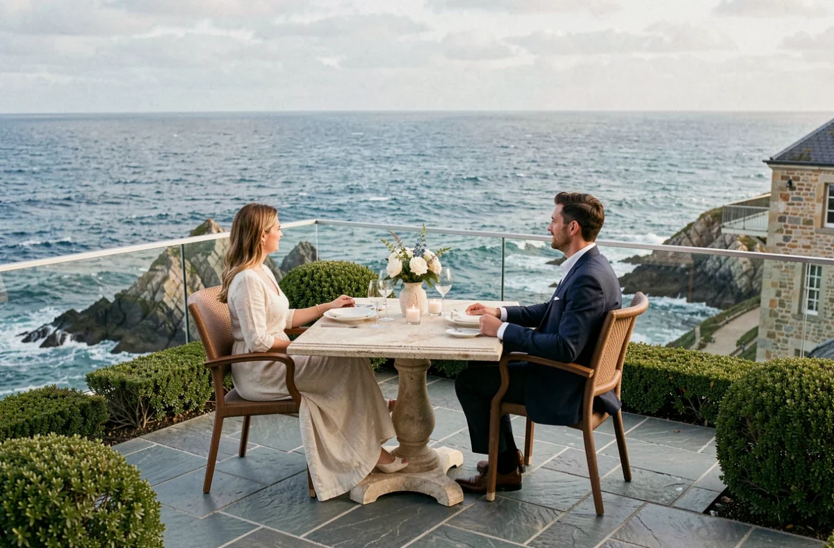 Terrasse romantique avec vue sur l'océan à l'hôtel Castel Clara sur Belle-Île-en-Mer