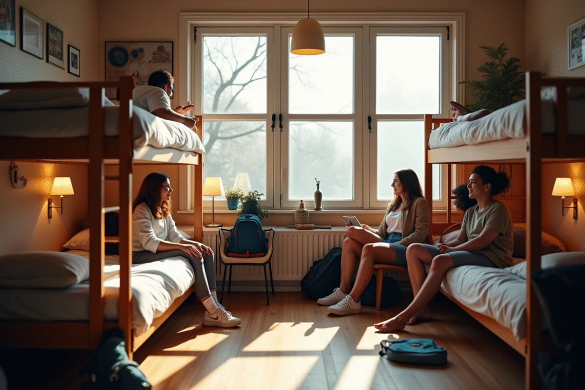 Chambre dortoir conviviale dans une auberge urbaine avec jeunes discutant