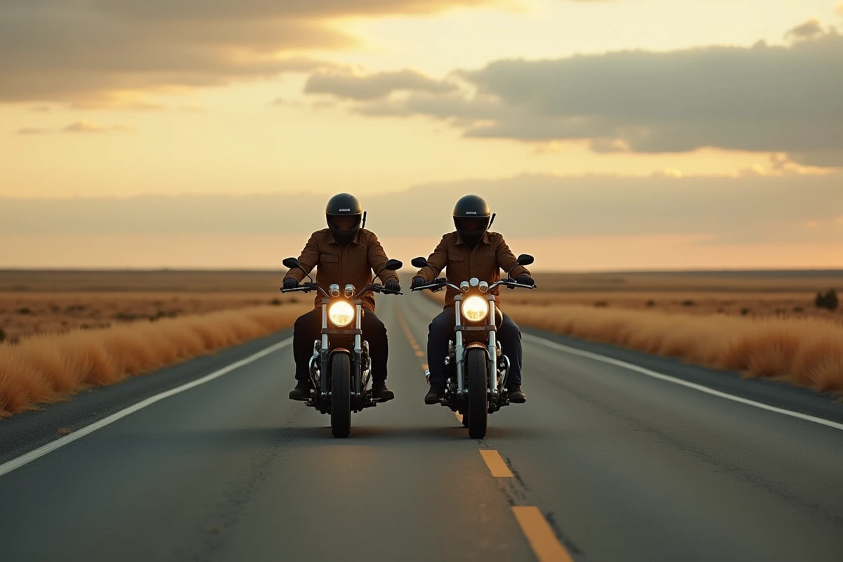Deux motards en formation décalée communiquant par intercom Bluetooth sur une route de campagne lors d'un road trip moto en duo