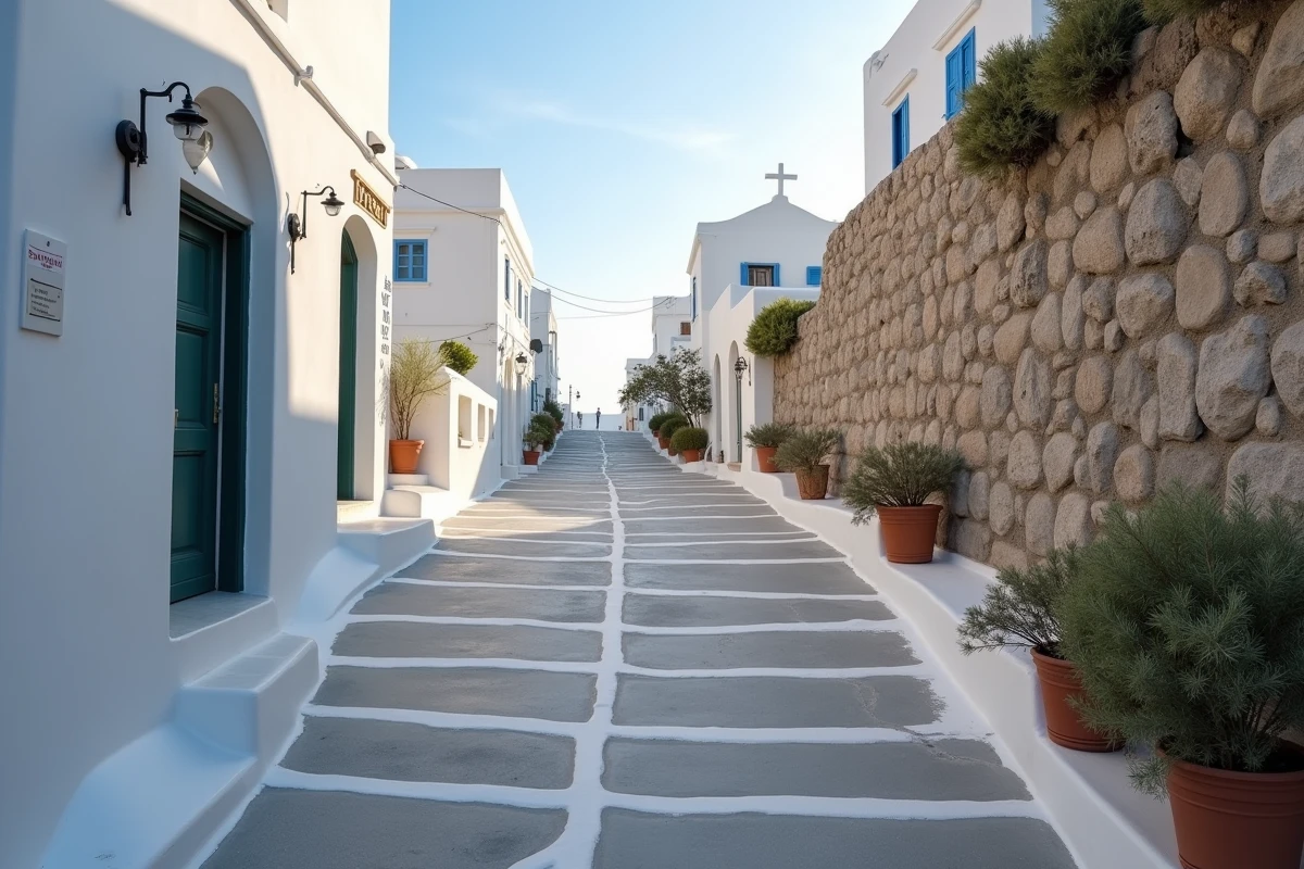Ruelle typique de Santorin comparant l'atmosphère touristique d'Oia et le cadre authentique du village d'Akrotiri