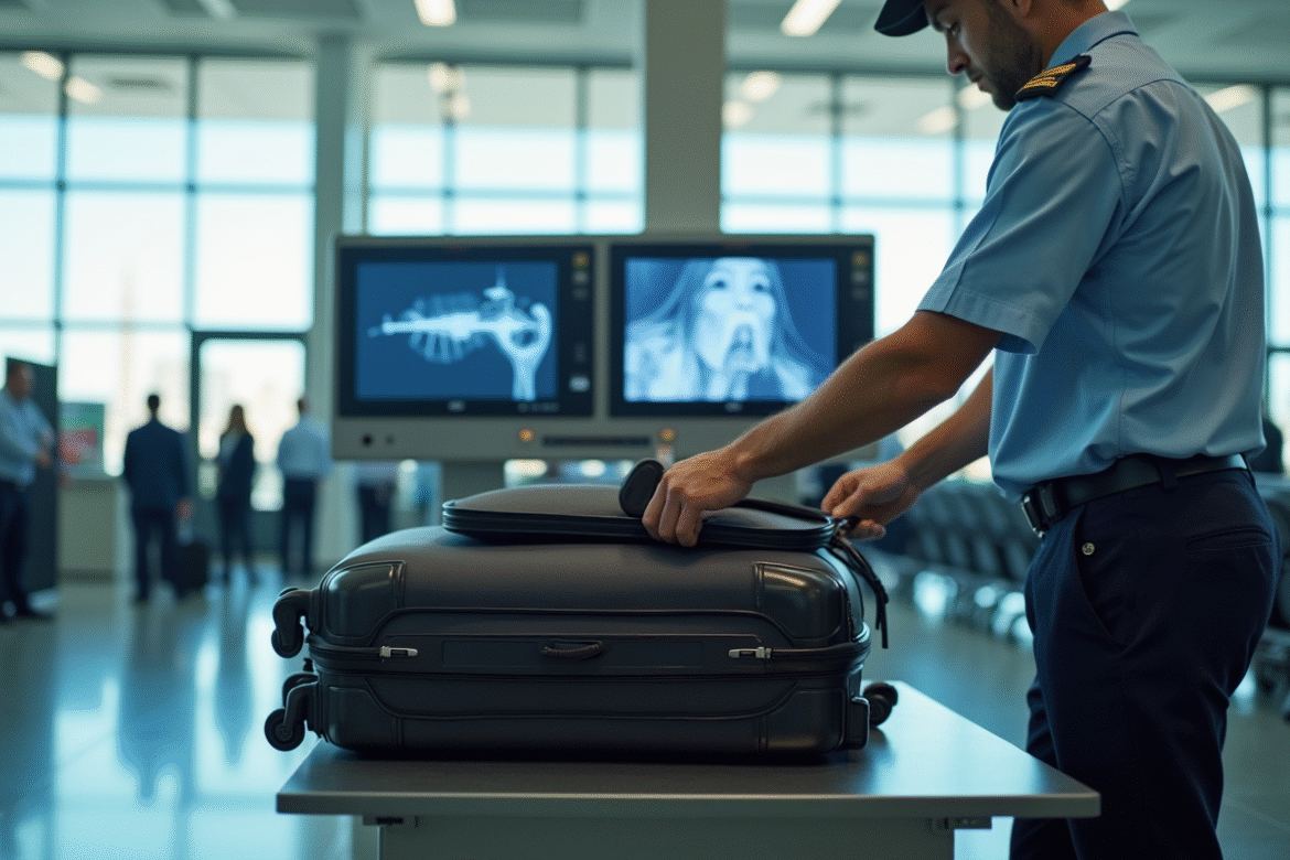 Agent de sécurité vérifiant une valise à l'aéroport
