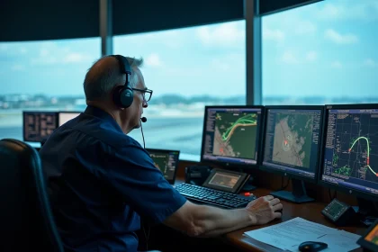 Contrôleur aérien surveillant des écrans radar en temps réel dans une tour de contrôle d'aéroport moderne