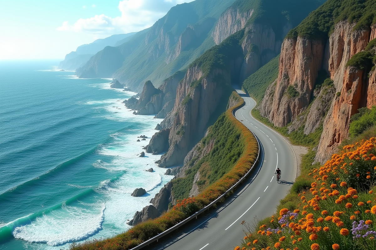 Côte escarpée avec cyclistes et vagues sur la côte