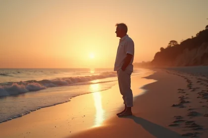 Silhouette d'un homme au bord de l'eau lors d'un coucher de soleil sur la plage de Pise, reflets dorés sur le sable mouillé