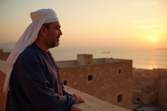 Homme en djellaba sur les remparts de Tanger au coucher de soleil avec vue sur le détroit de Gibraltar