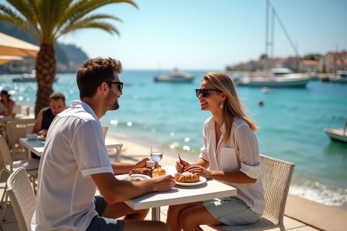 Jeune couple dégustant des pâtisseries en terrasse en bord de mer