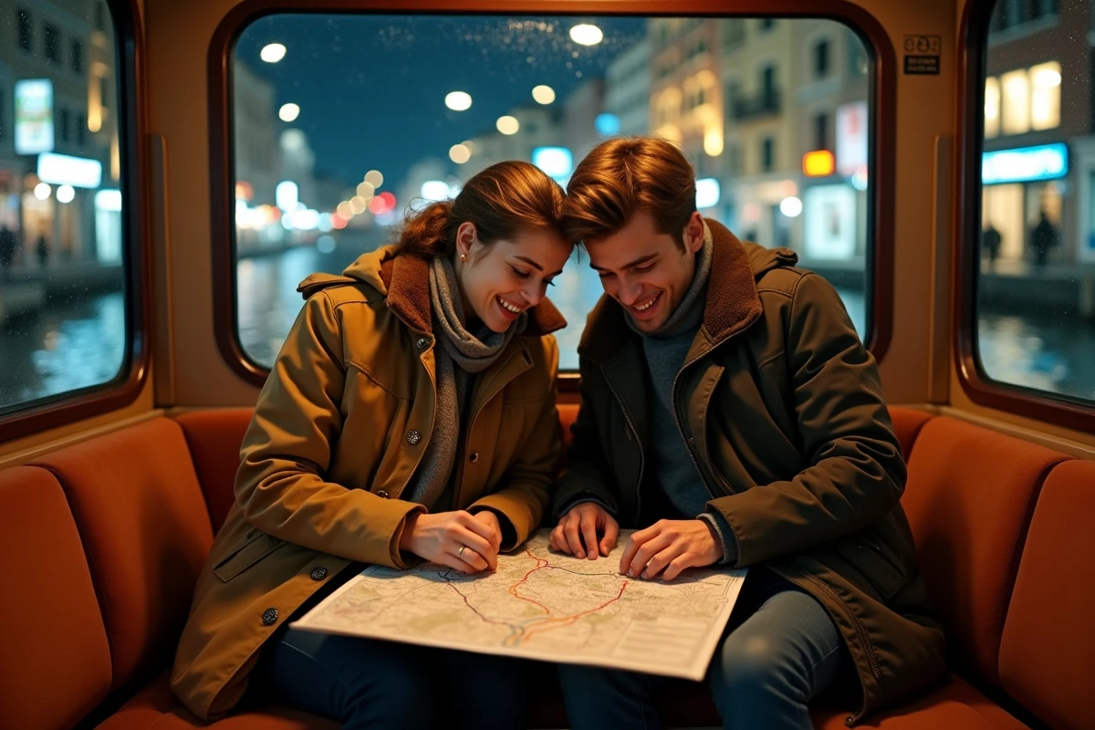 Couple consultant la carte des lignes de vaporetto la nuit à l'intérieur du bateau à Venise