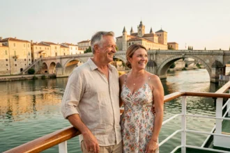 Couple profitant d'une croisière fluviale sur le Rhône avec vue sur le Pont d'Avignon