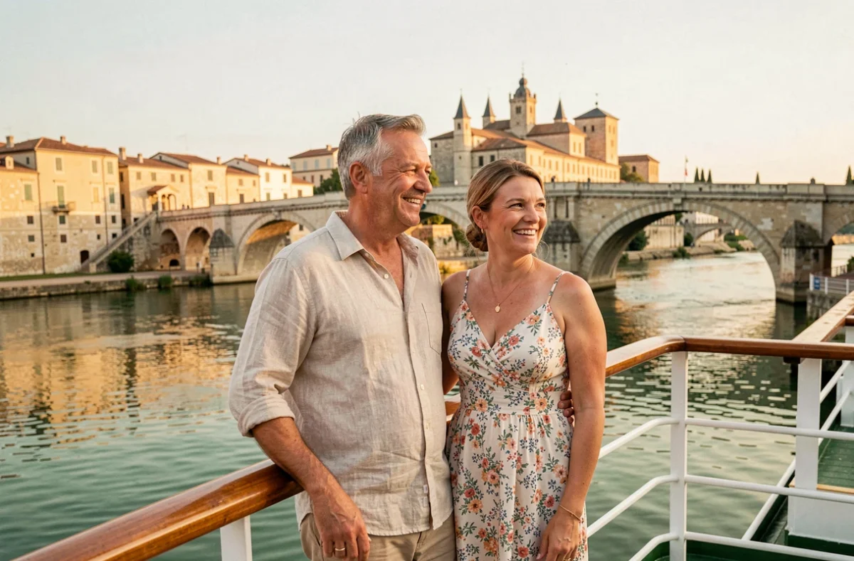 Couple profitant d'une croisière fluviale sur le Rhône avec vue sur le Pont d'Avignon