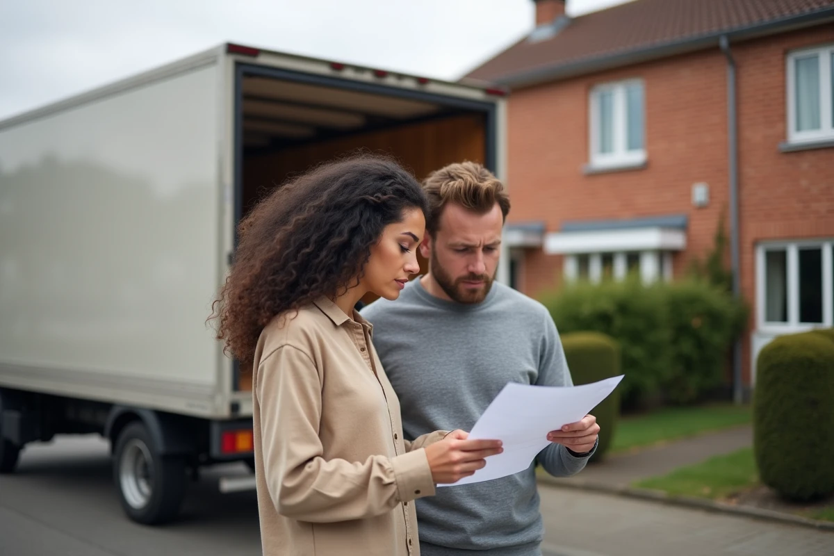 Couple consultant une liste de contrôle devant un camion de déménagement dans une rue résidentielle de Rodange Pétange au Luxembourg