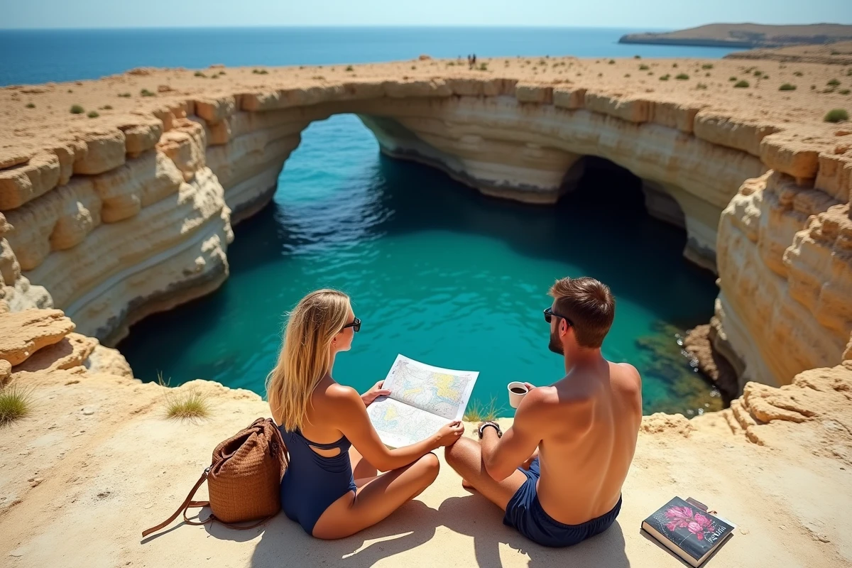 Couple en pause sur les rochers de Dwejra à Gozo contemplant la mer intérieure aux eaux turquoise