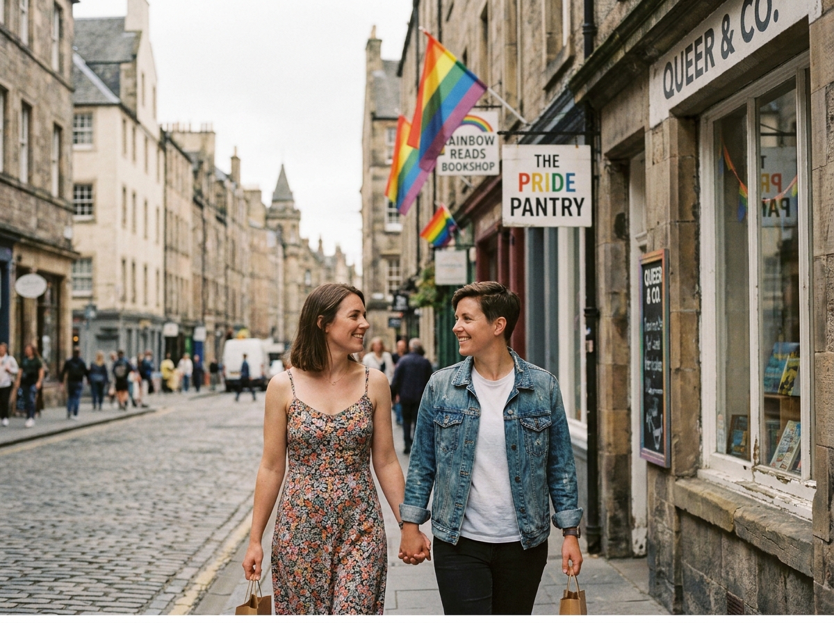 Couple de femmes LGBTQ+ se promenant en liberté dans une rue européenne animée avec drapeaux arc-en-ciel et boutiques indépendantes