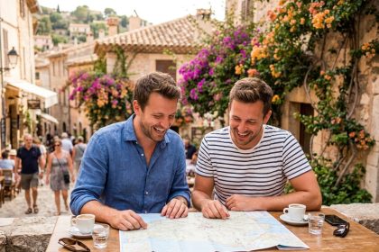 Couple d'hommes LGBTQ+ consultant une carte en voyage libre lors de vacances en liberté dans un village méditerranéen coloré