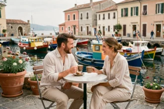 Couple en lune de miel hors saison attablé dans un café de bord de mer méditerranéen au printemps