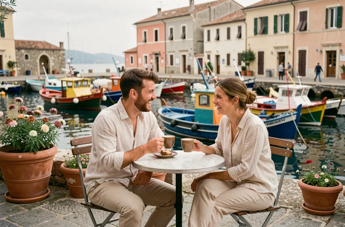 Couple en lune de miel hors saison attablé dans un café de bord de mer méditerranéen au printemps