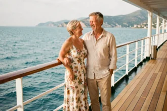 Couple souriant sur le pont d'un bateau de croisière avec vue sur la mer Méditerranée